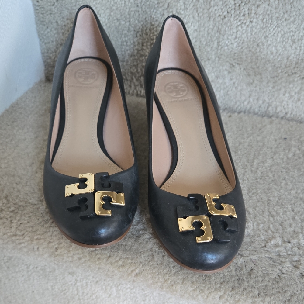 Tory Burch Black Heels with Gold Logo Accent